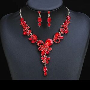 Elegant Red Floral Necklace and Earring Set